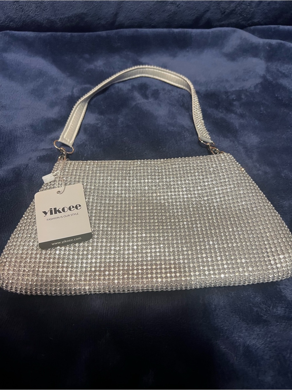 Brand New Crytals-Embellished Silver Evening Shoulder Bag with Top Handle